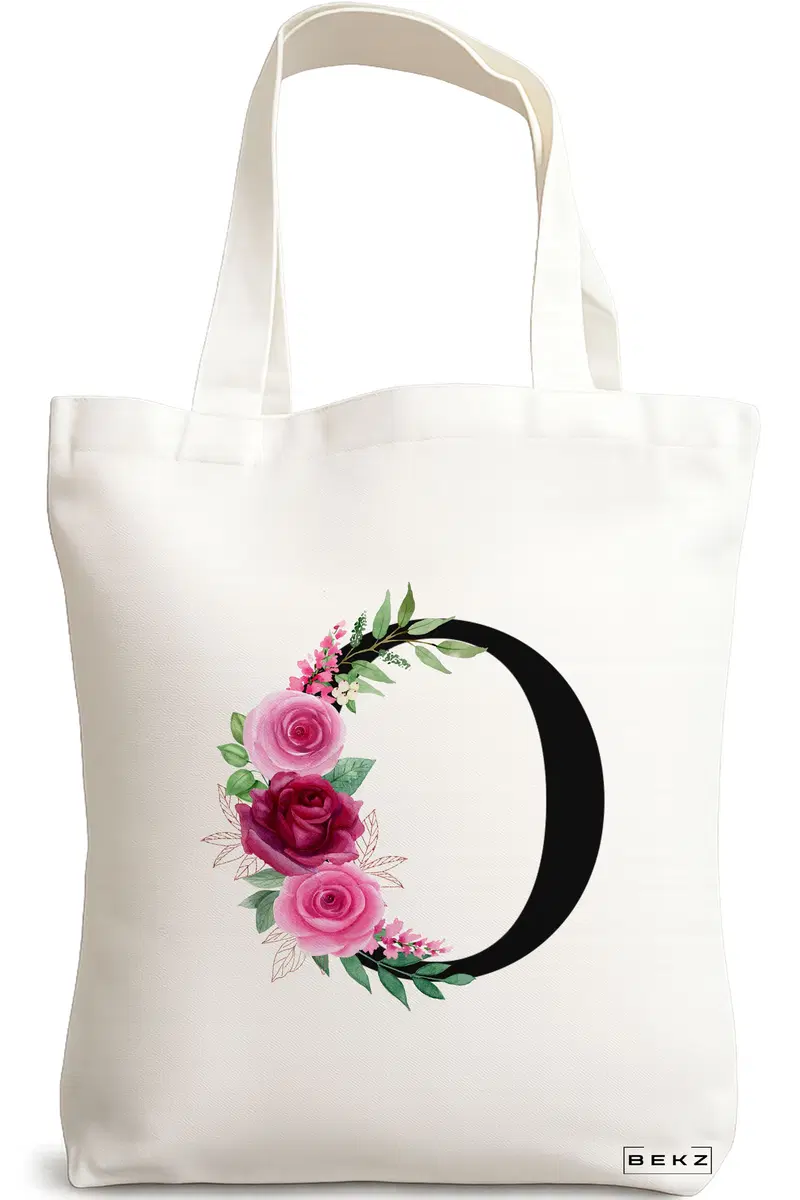 Sacosa Cumparaturi Textila, Geanta Tote, Cu litera O si Trandafiri, 38x34.5 cm, Alba, BEKZ®