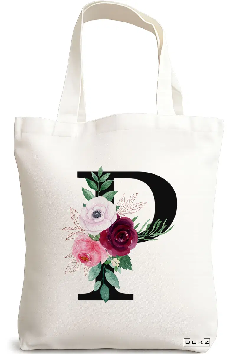 Sacosa Cumparaturi Textila, Geanta Tote, Cu litera P si Trandafiri, 38x34.5 cm, Alba, BEKZ®