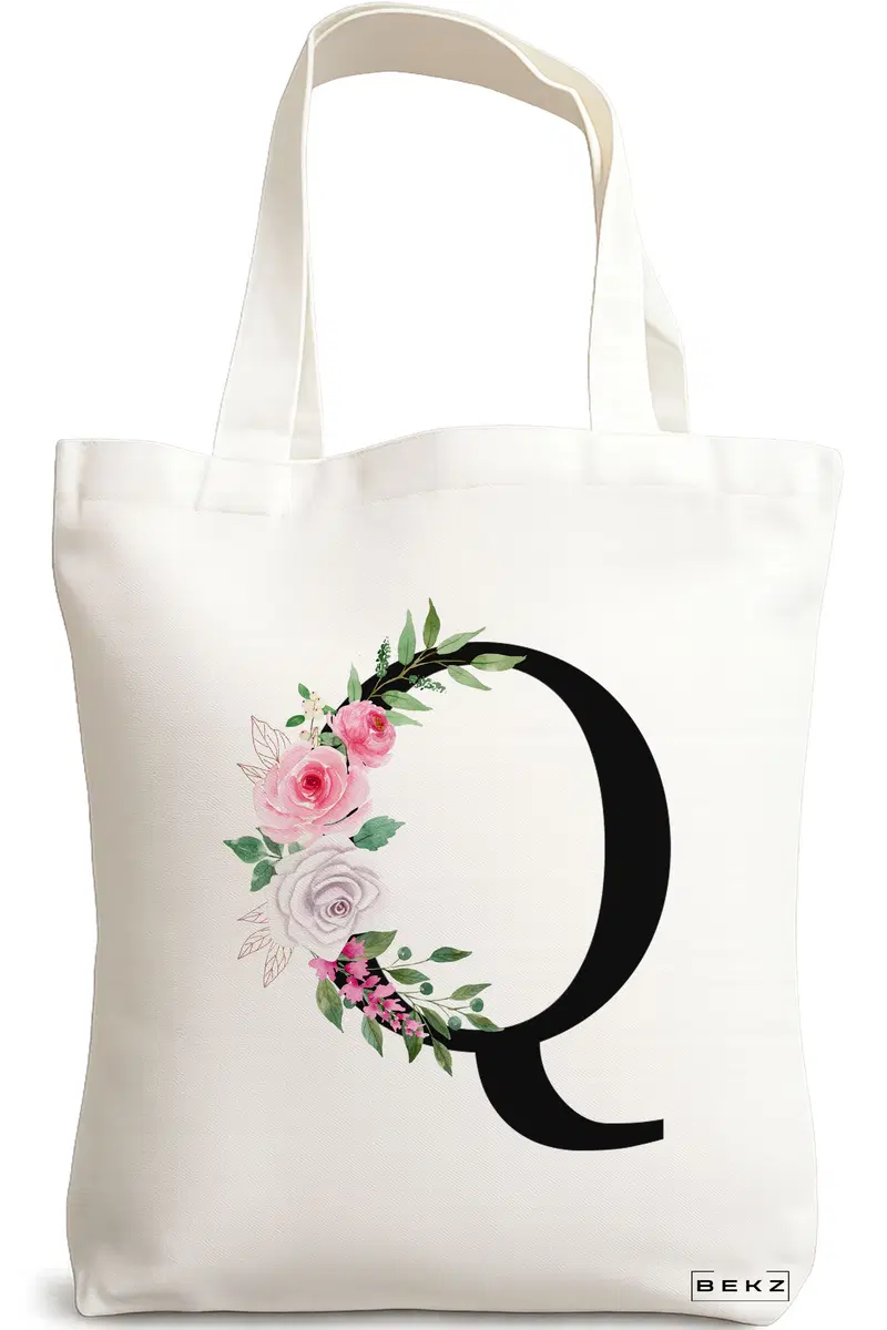 Sacosa Cumparaturi Textila, Geanta Tote, Cu litera Q si Trandafiri, 38x34.5 cm, Alba, BEKZ®