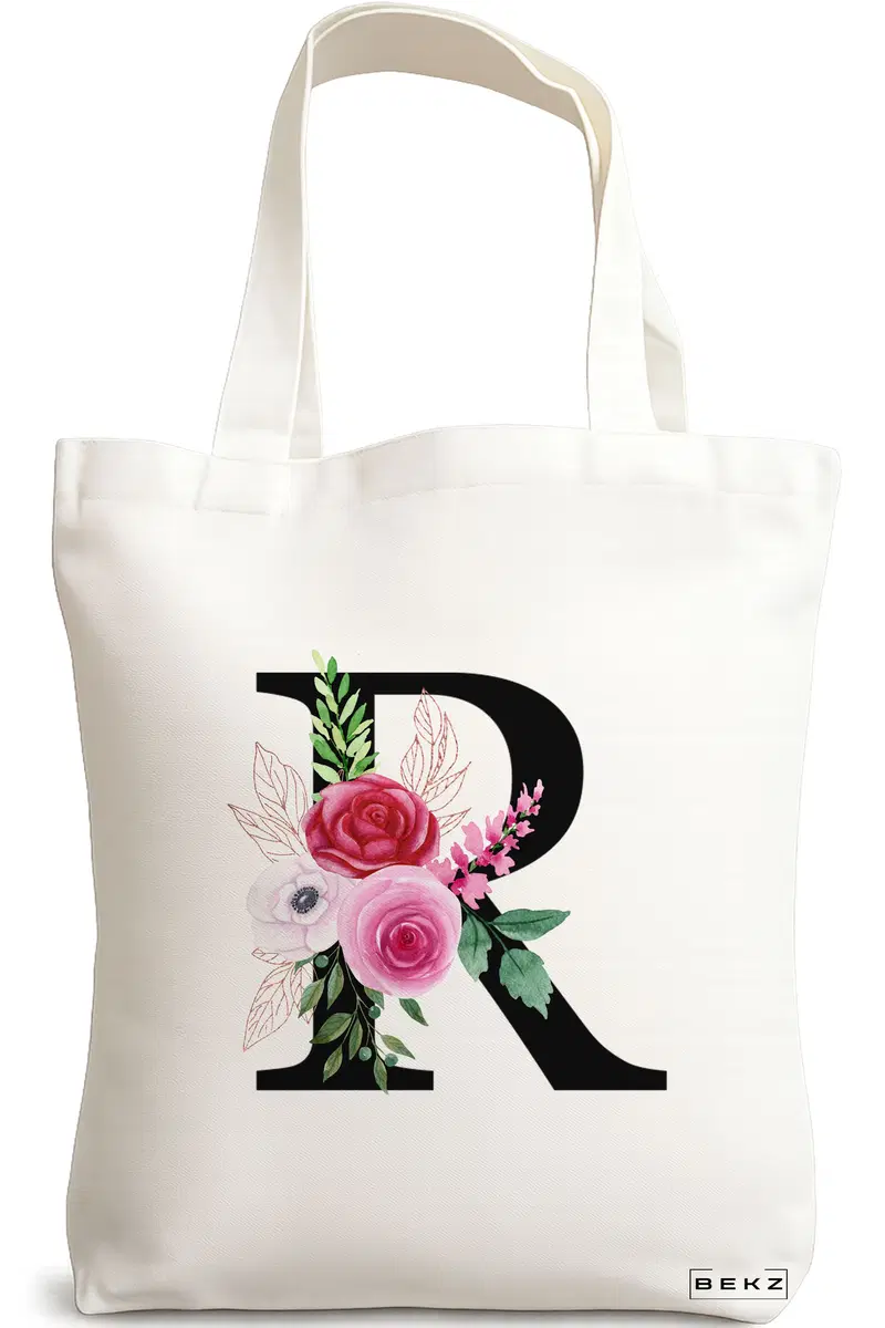 Sacosa Cumparaturi Textila, Geanta Tote, Cu litera R si Trandafiri, 38x34.5 cm, Alba, BEKZ®