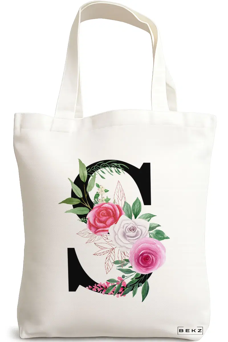 Sacosa Cumparaturi Textila, Geanta Tote, Cu litera S si Trandafiri, 38x34.5 cm, Alba, BEKZ®