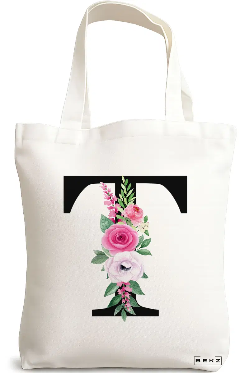 Sacosa Cumparaturi Textila, Geanta Tote, Cu litera T si Trandafiri, 38x34.5 cm, Alba, BEKZ®