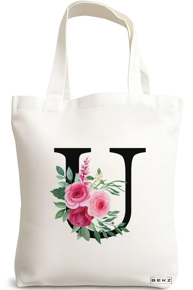 Sacosa Cumparaturi Textila, Geanta Tote, Cu litera U si Trandafiri, 38x34.5 cm, Alba, BEKZ®