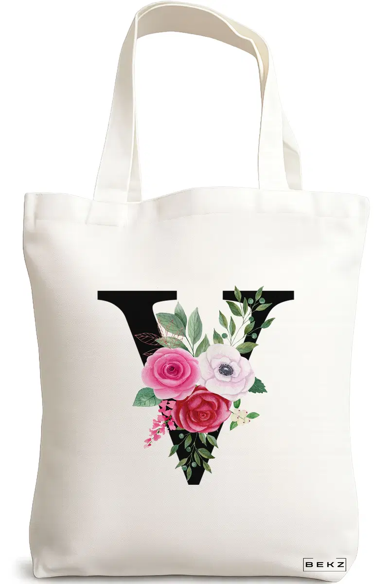 Sacosa Cumparaturi Textila, Geanta Tote, Cu litera V si Trandafiri, 38x34.5 cm, Alba, BEKZ®
