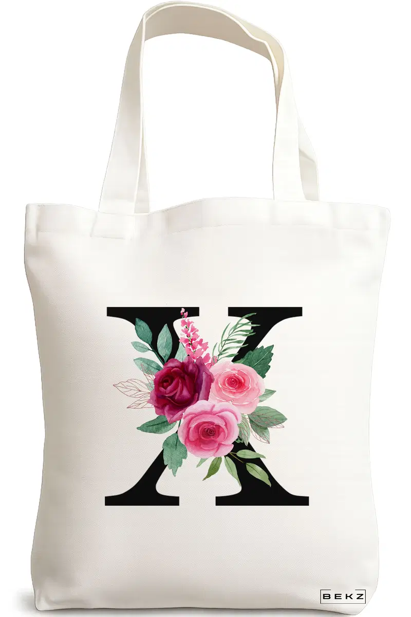 Sacosa Cumparaturi Textila, Geanta Tote, Cu litera X si Trandafiri, 38x34.5 cm, Alba, BEKZ®