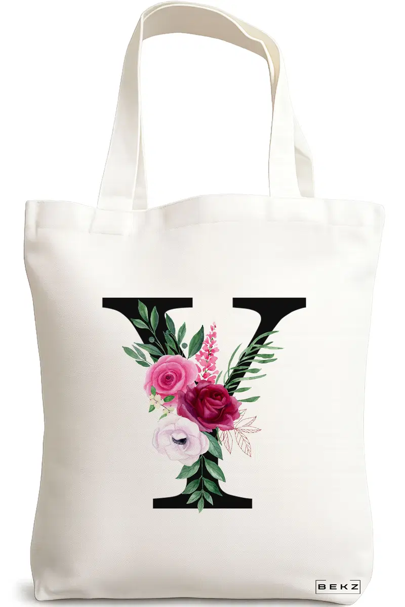 Sacosa Cumparaturi Textila, Geanta Tote, Cu litera Y si Trandafiri, 38x34.5 cm, Alba, BEKZ®
