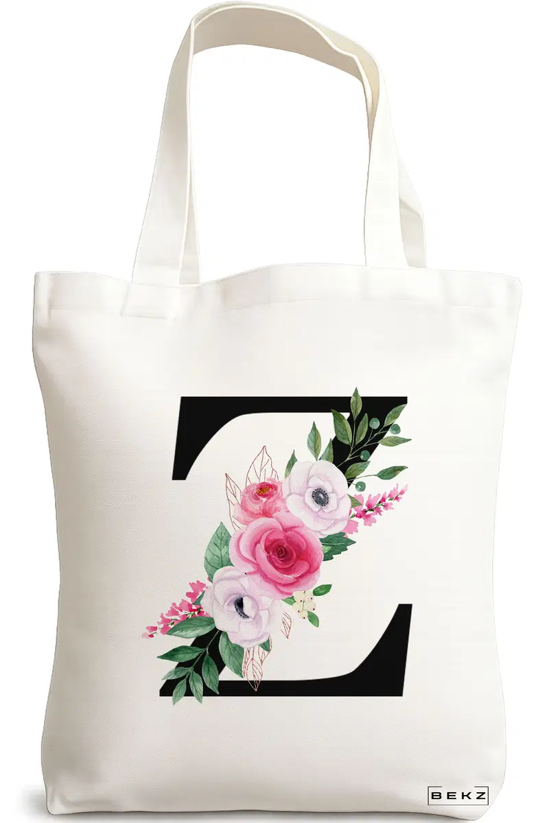 Sacosa Cumparaturi Textila, Geanta Tote, Cu litera Z si Trandafiri, 38x34.5 cm, Alba, BEKZ®