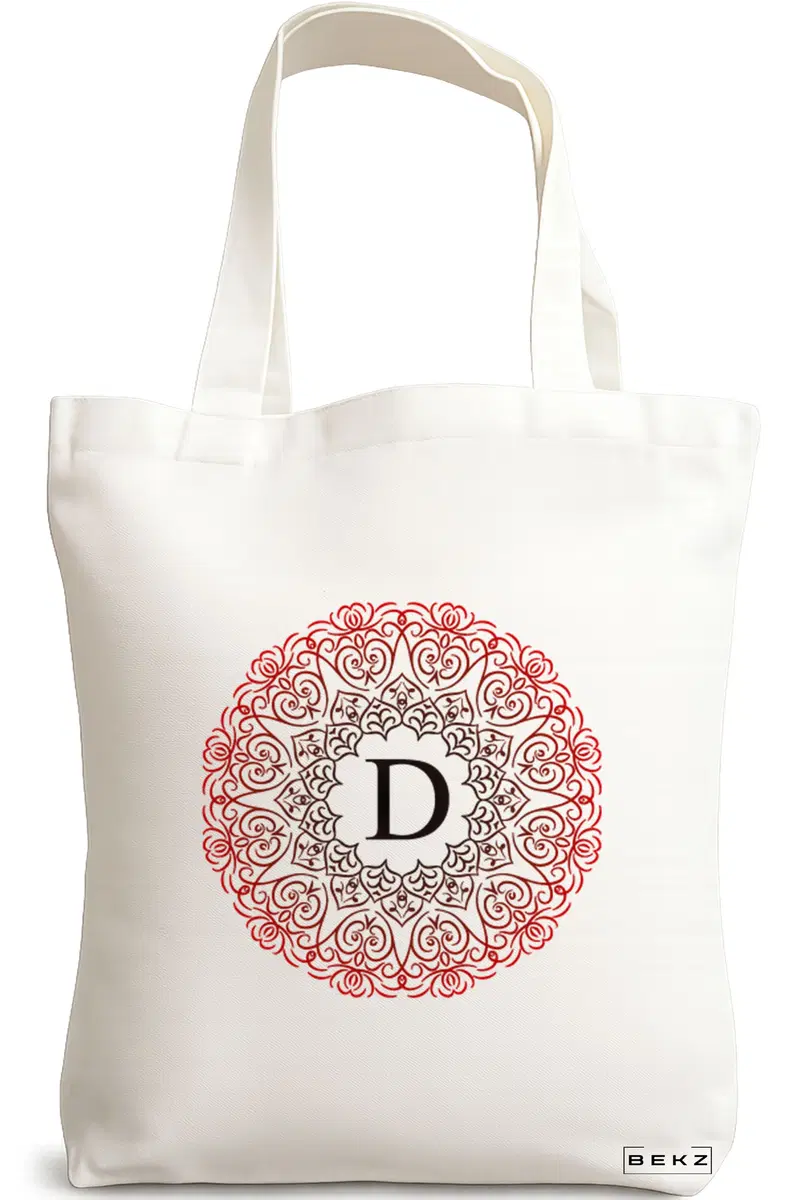 Sacosa Cumparaturi Textila, Geanta Tote, Cu litera D si Mandala, 38x34.5 cm, Alba, BEKZ®