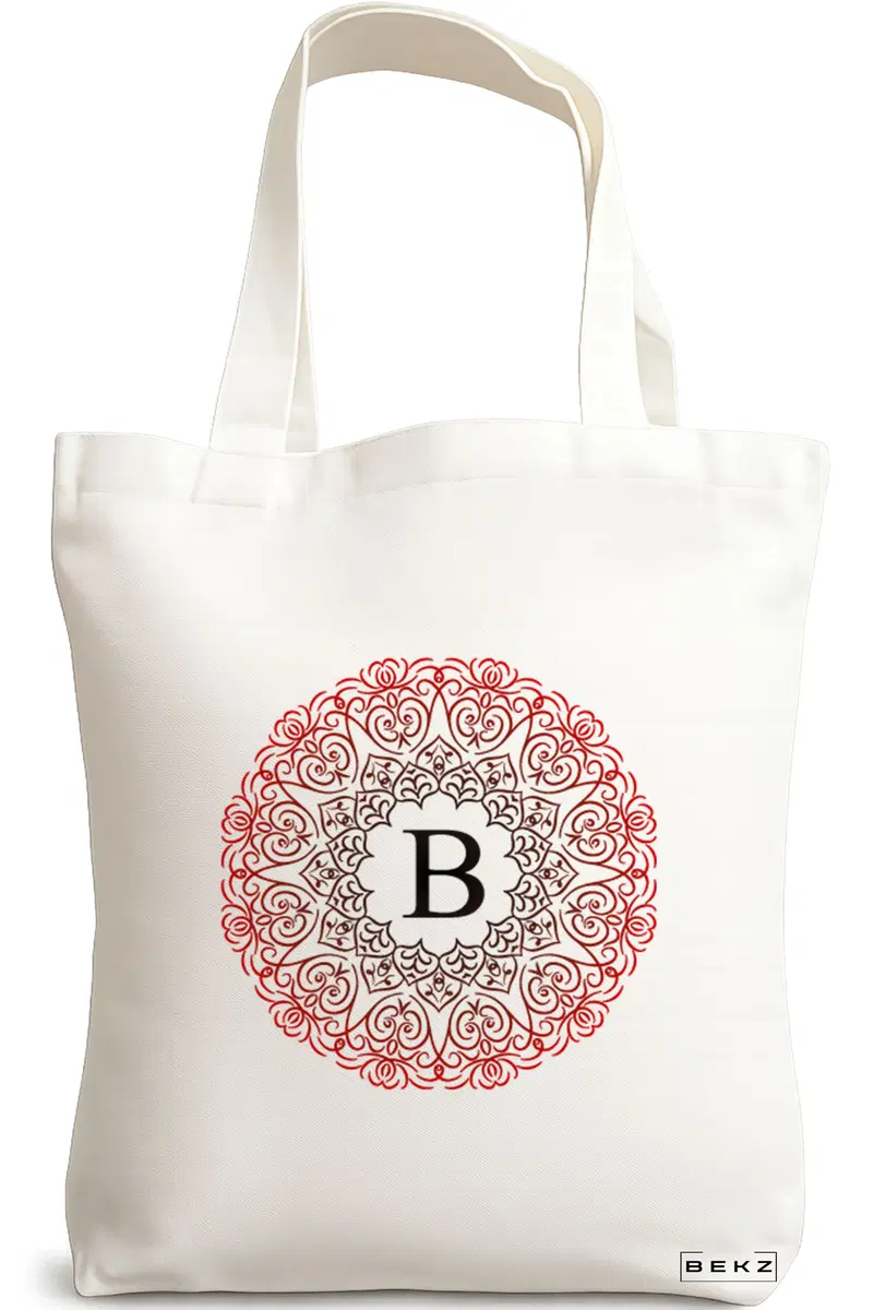 Sacosa Cumparaturi Textila, Geanta Tote, Cu litera B si Mandala, 38x34.5 cm, Alba, BEKZ®