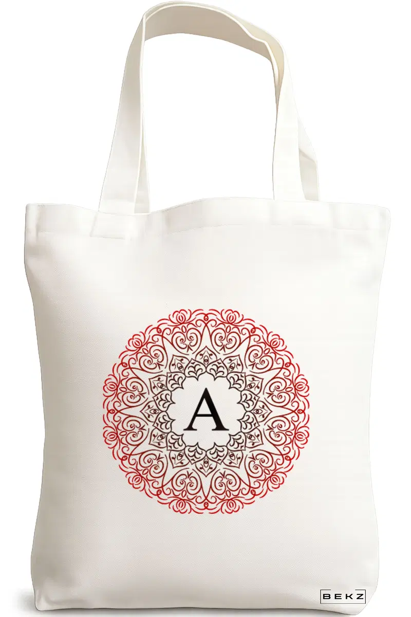 Sacosa Cumparaturi Textila, Geanta Tote, Cu litera A si Mandala, 38x34.5 cm, Alba, BEKZ®