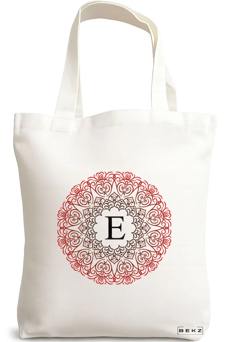 Sacosa Cumparaturi Textila, Geanta Tote, Cu litera E si Mandala, 38x34.5 cm, Alba, BEKZ®