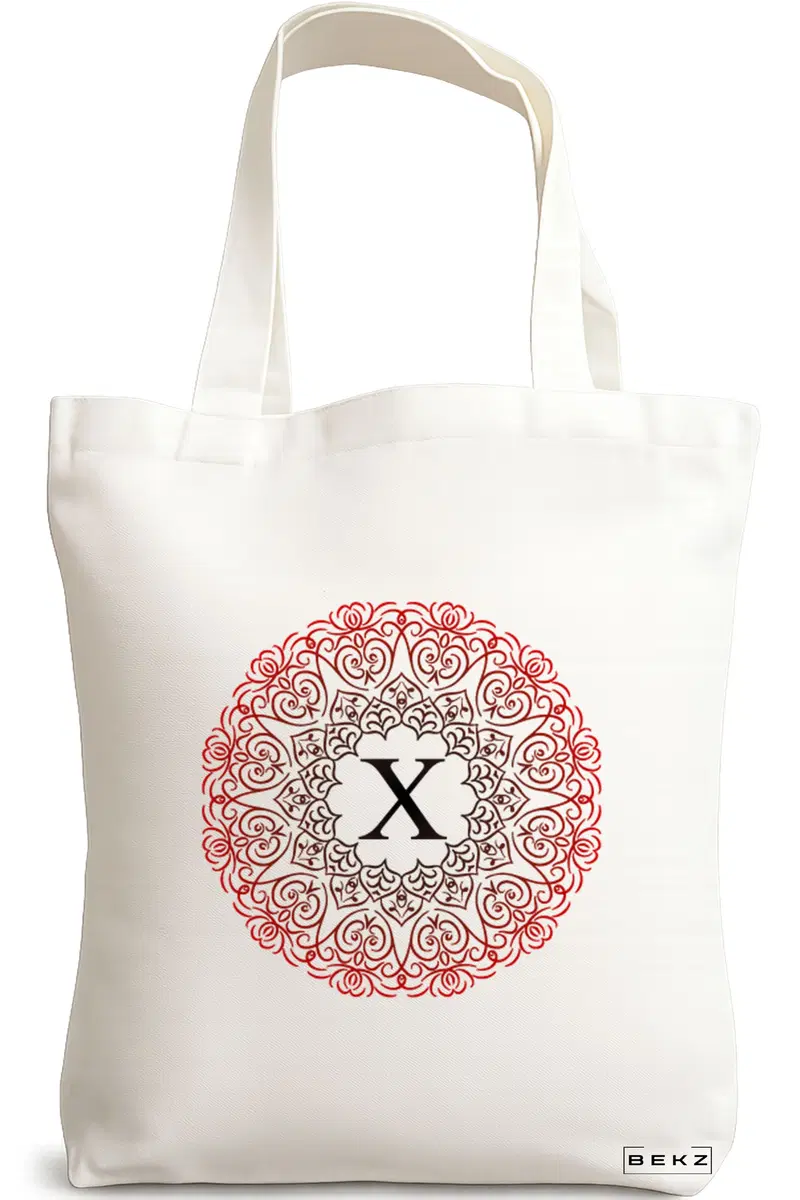Sacosa Cumparaturi Textila, Geanta Tote, Cu litera X si Mandala, 38x34.5 cm, Alba, BEKZ®