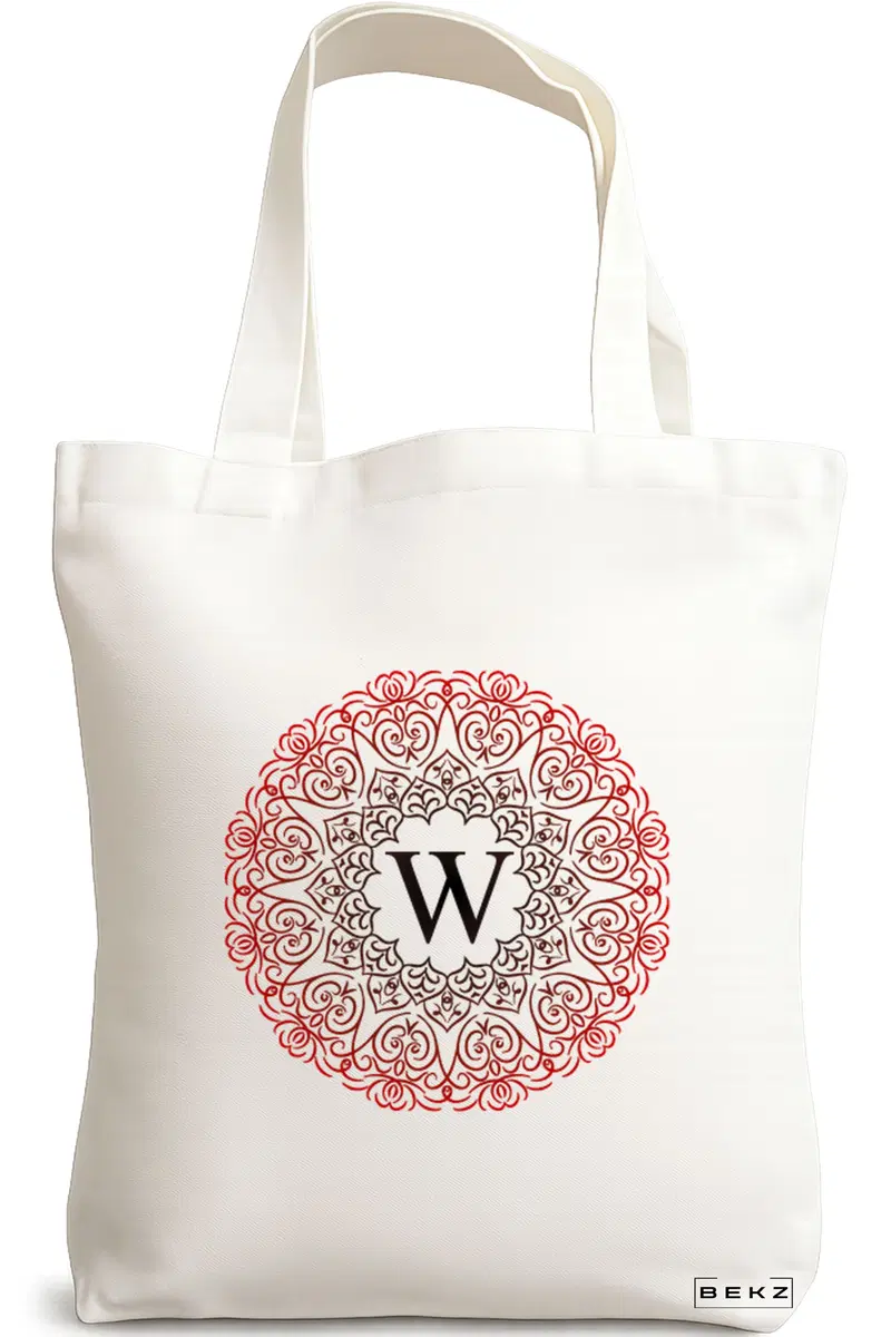 Sacosa Cumparaturi Textila, Geanta Tote, Cu litera W si Mandala, 38x34.5 cm, Alba, BEKZ®