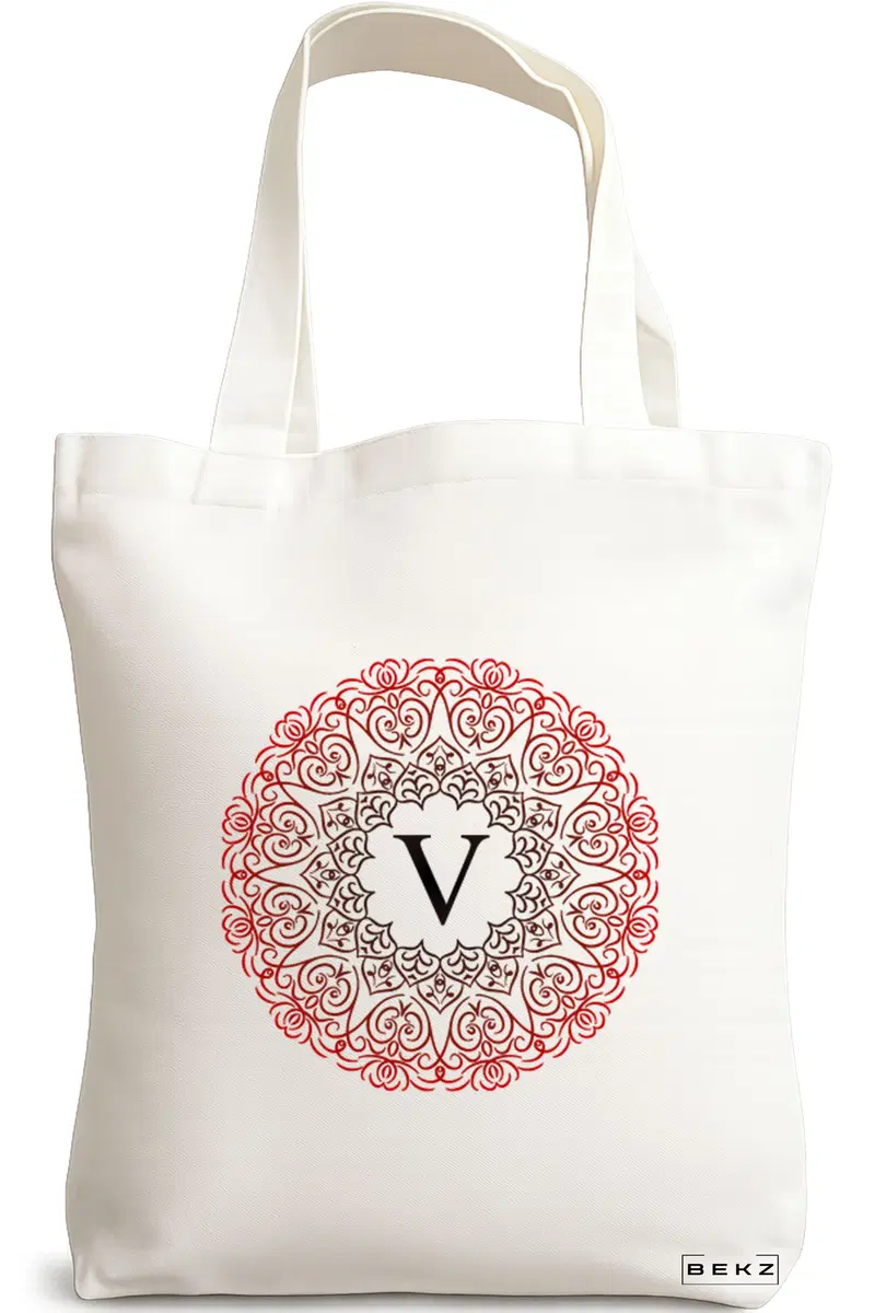 Sacosa Cumparaturi Textila, Geanta Tote, Cu litera V si Mandala, 38x34.5 cm, Alba, BEKZ®