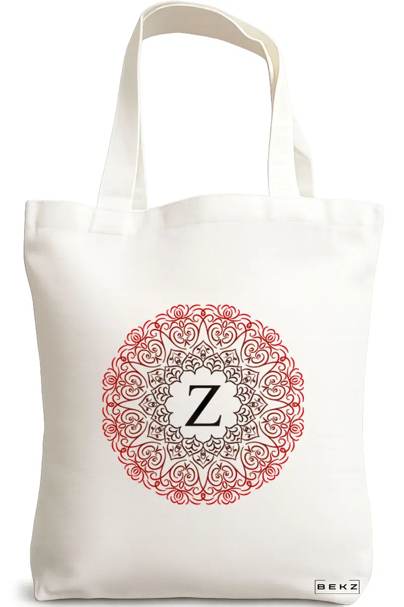 Sacosa Cumparaturi Textila, Geanta Tote, Cu litera Z si Mandala, 38x34.5 cm, Alba, BEKZ®