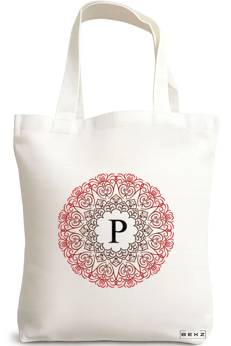 Sacosa Cumparaturi Textila, Geanta Tote, Cu litera P si Mandala, 38x34.5 cm, Alba, BEKZ®
