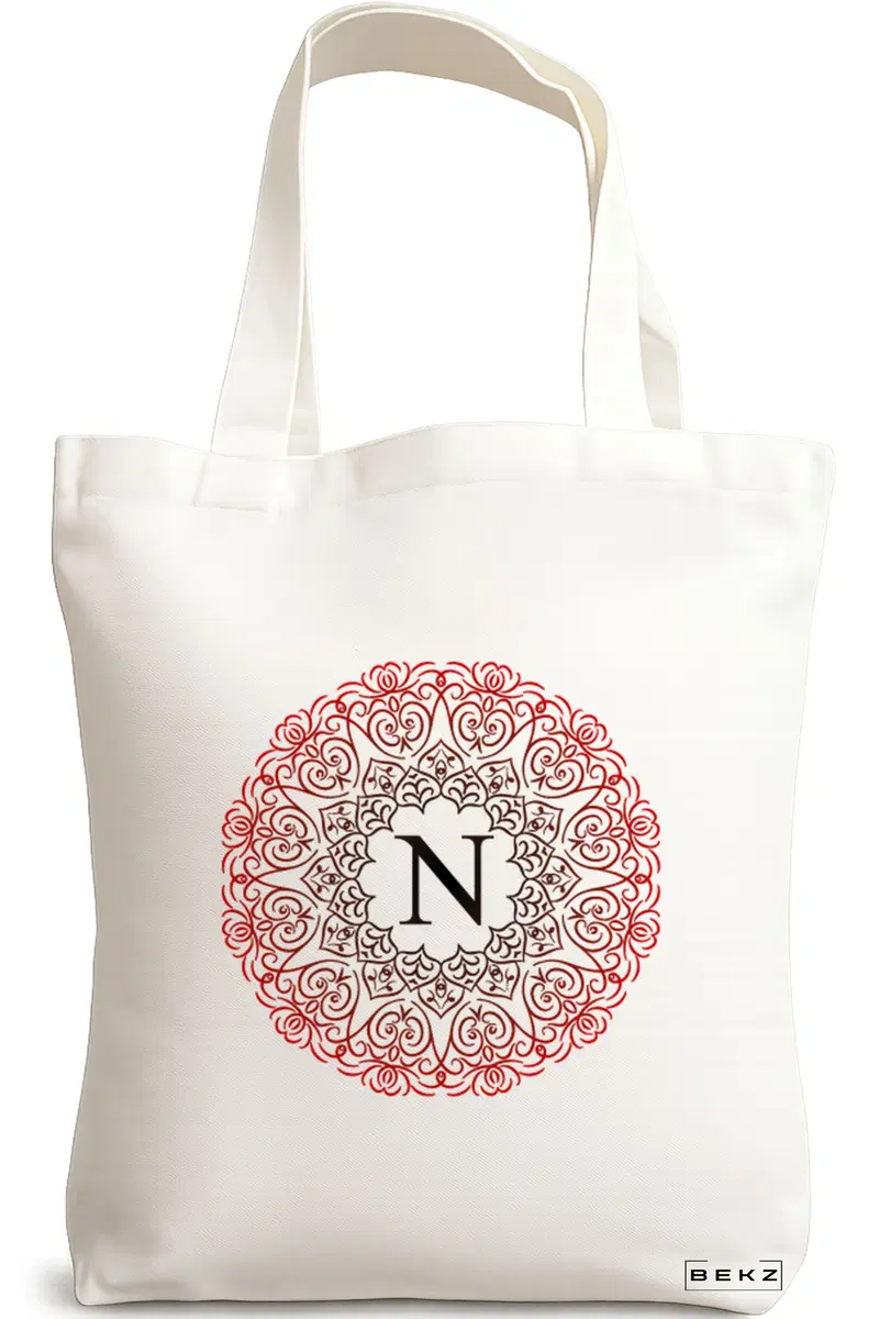 Sacosa Cumparaturi Textila, Geanta Tote, Cu litera N si Mandala, 38x34.5 cm, Alba, BEKZ®