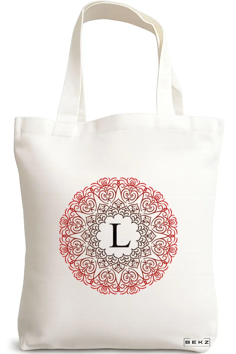 Sacosa Cumparaturi Textila, Geanta Tote, Cu litera L si Mandala, 38x34.5 cm, Alba, BEKZ®