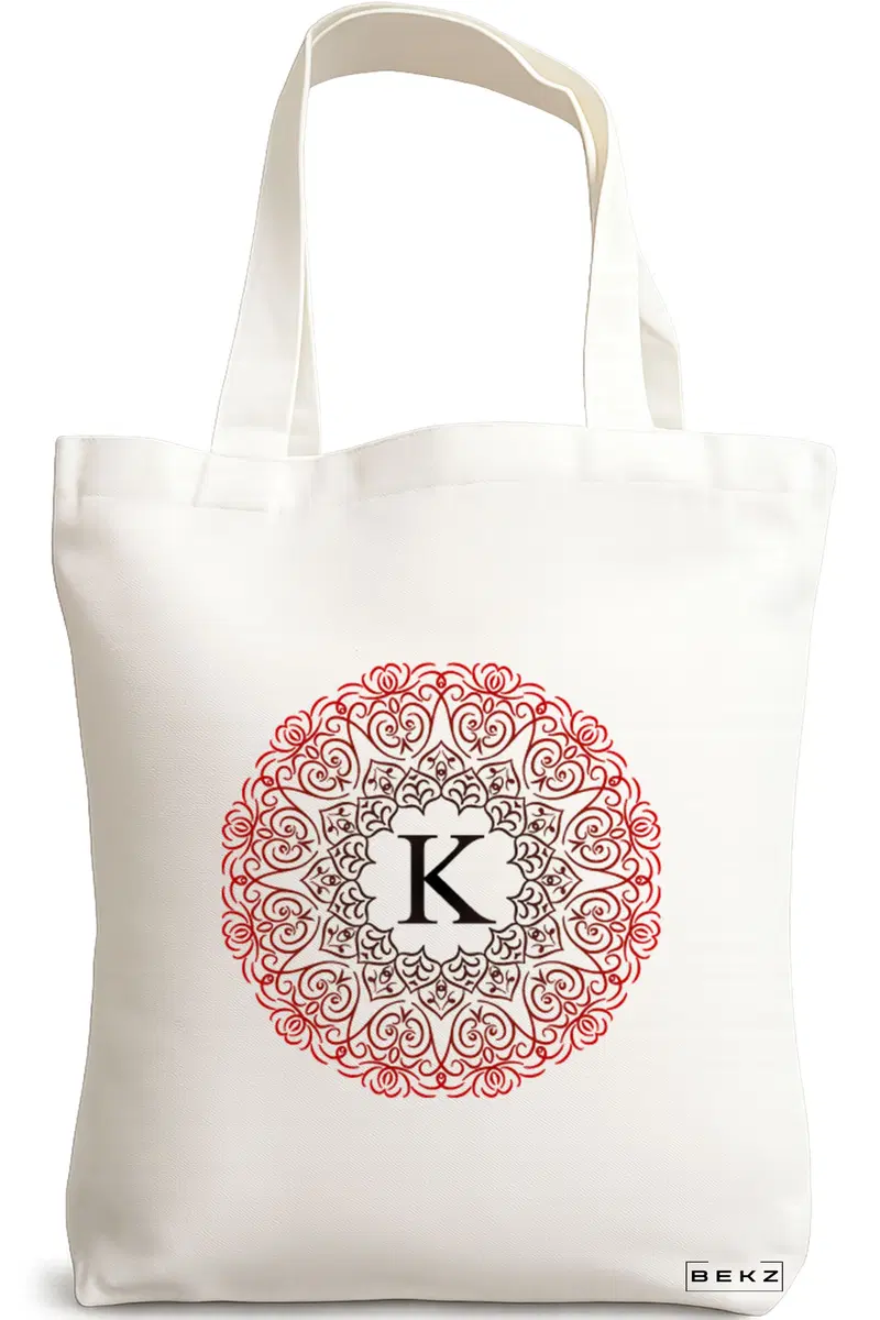 Sacosa Cumparaturi Textila, Geanta Tote, Cu litera K si Mandala, 38x34.5 cm, Alba, BEKZ®