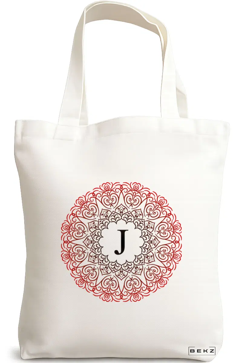 Sacosa Cumparaturi Textila, Geanta Tote, Cu litera J si Mandala, 38x34.5 cm, Alba, BEKZ®