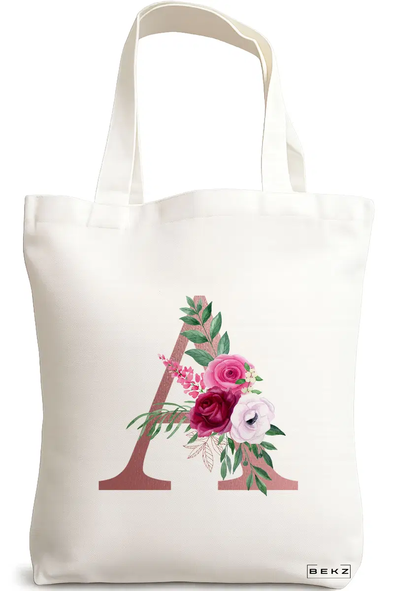 Sacosa Cumparaturi Textila, Geanta Tote, Cu litera A Rose Gold si Trandafiri, 38x34.5 cm, Alba, BEKZ®