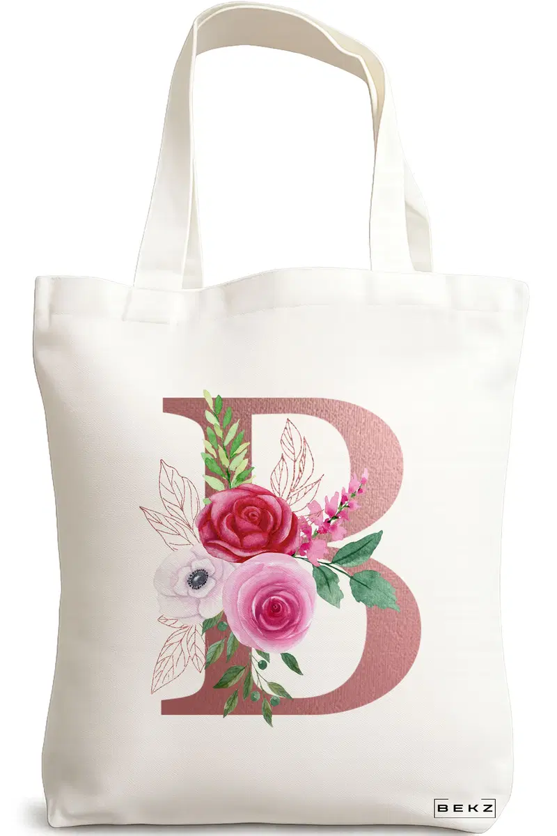 Sacosa Cumparaturi Textila, Geanta Tote, Cu litera B Rose Gold si Trandafiri, 38x34.5 cm, Alba, BEKZ®