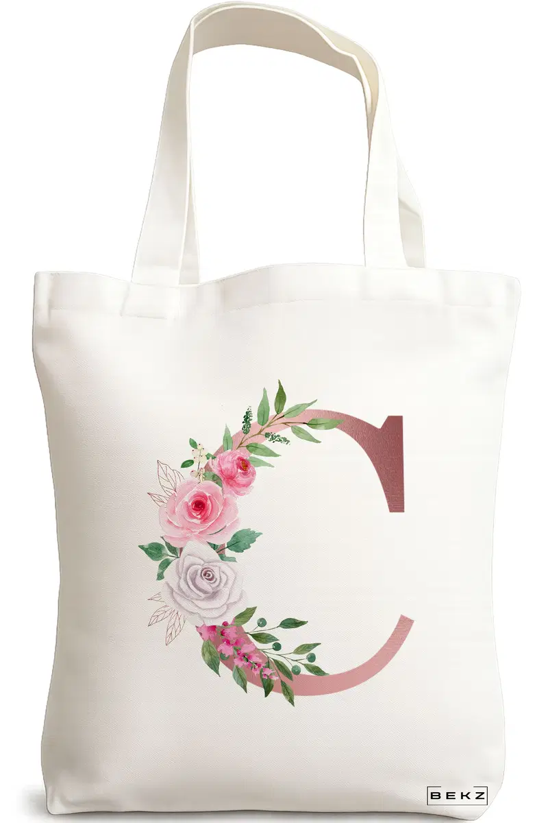 Sacosa Cumparaturi Textila, Geanta Tote, Cu litera C Rose Gold si Trandafiri, 38x34.5 cm, Alba, BEKZ®