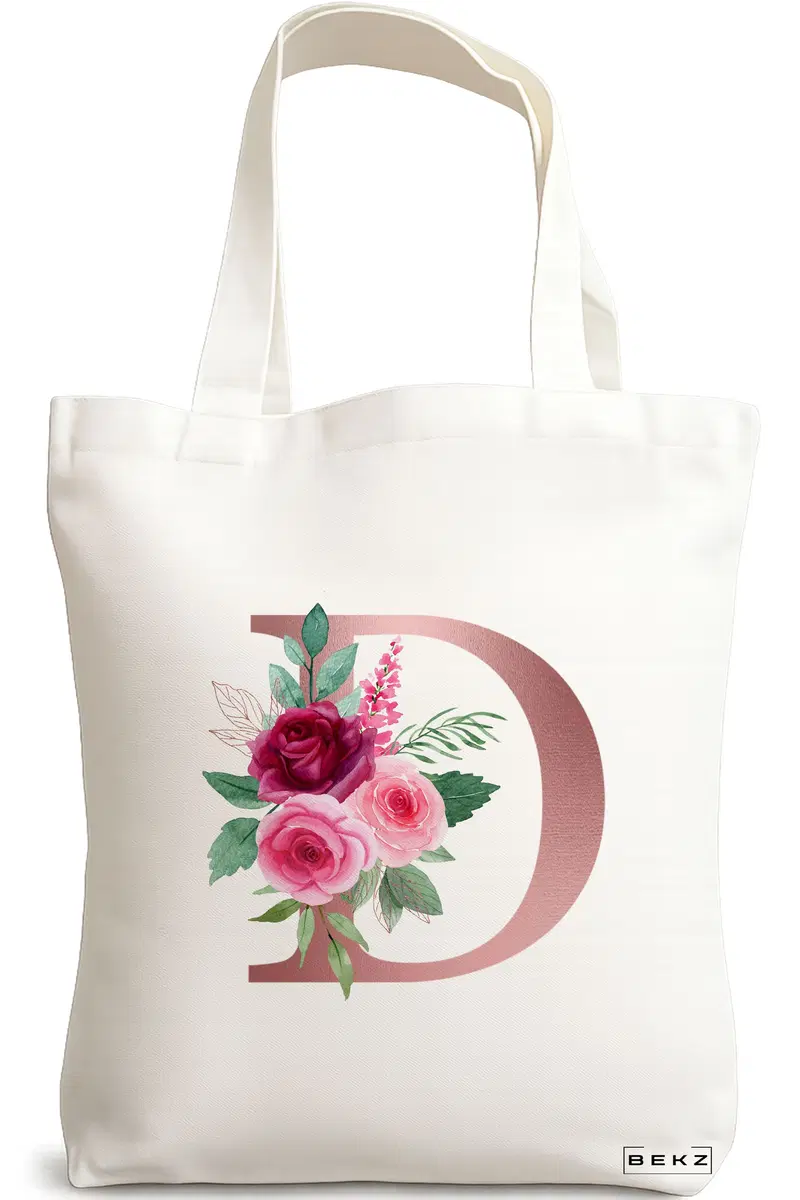 Sacosa Cumparaturi Textila, Geanta Tote, Cu litera D Rose Gold si Trandafiri, 38x34.5 cm, Alba, BEKZ®