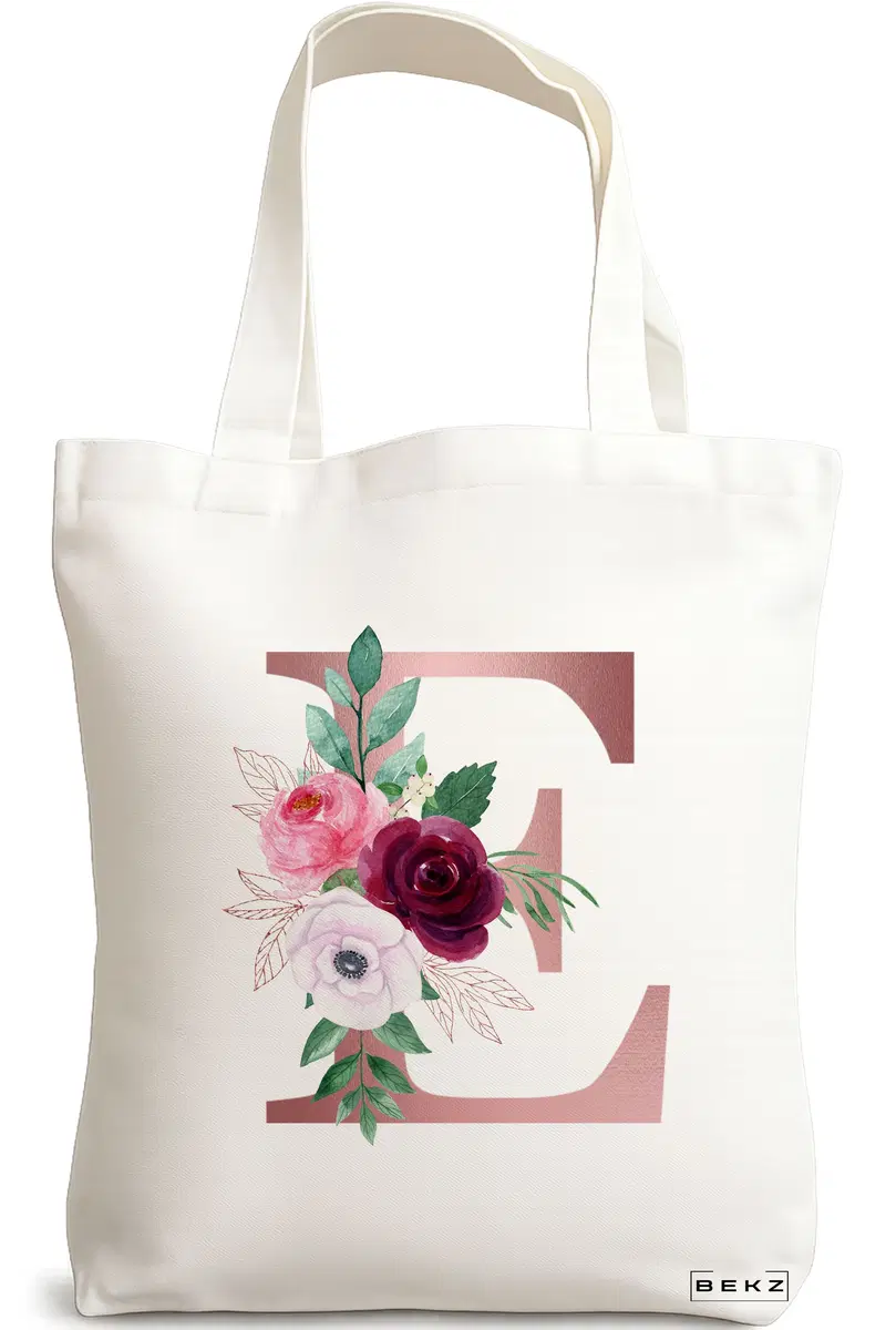 Sacosa Cumparaturi Textila, Geanta Tote, Cu litera E Rose Gold si Trandafiri, 38x34.5 cm, Alba, BEKZ®