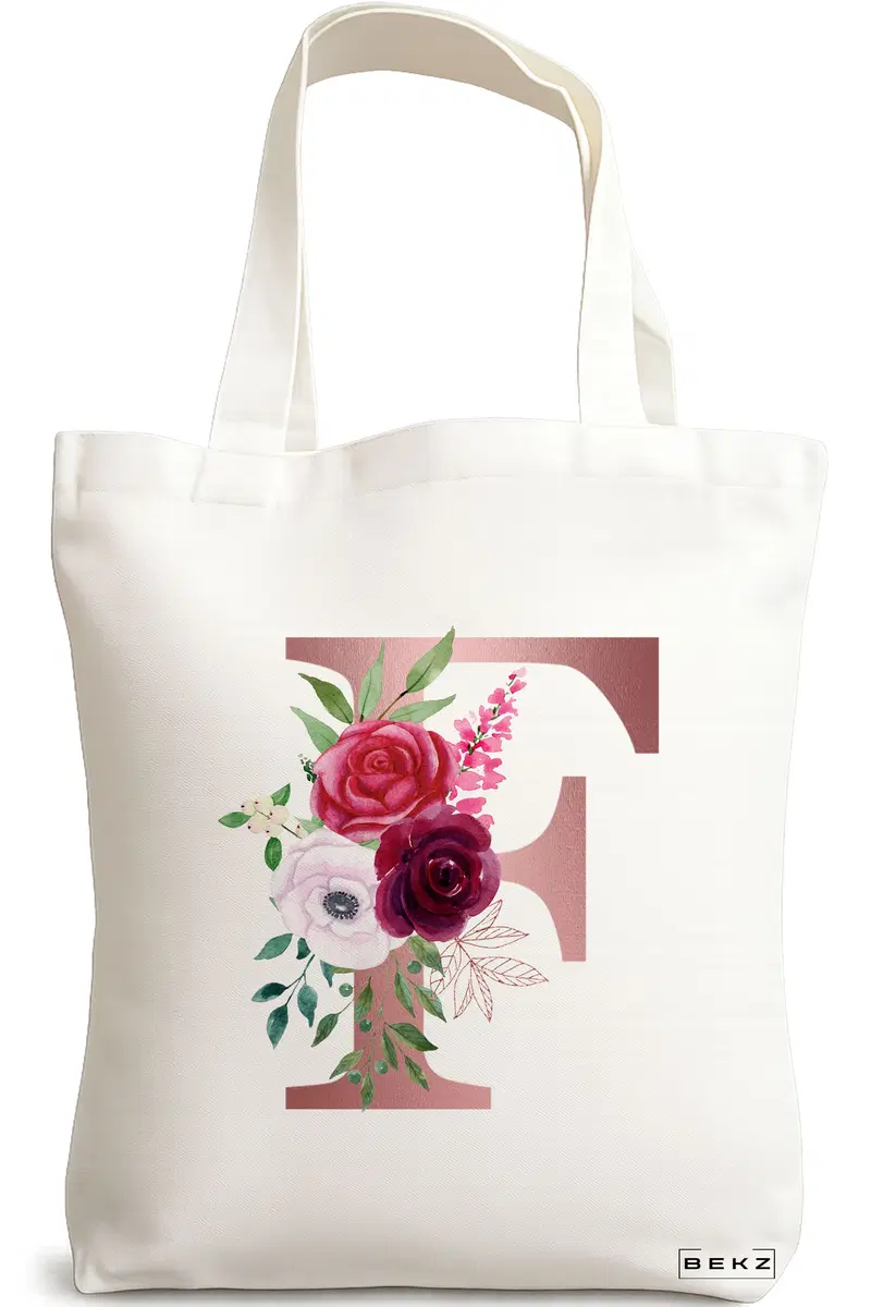 Sacosa Cumparaturi Textila, Geanta Tote, Cu litera F Rose Gold si Trandafiri, 38x34.5 cm, Alba, BEKZ®