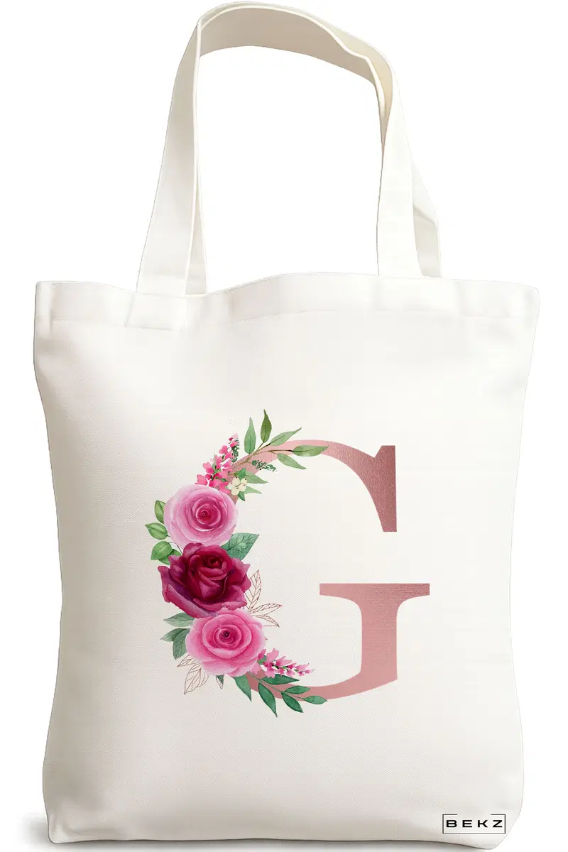 Sacosa Cumparaturi Textila, Geanta Tote, Cu litera G Rose Gold si Trandafiri, 38x34.5 cm, Alba, BEKZ®
