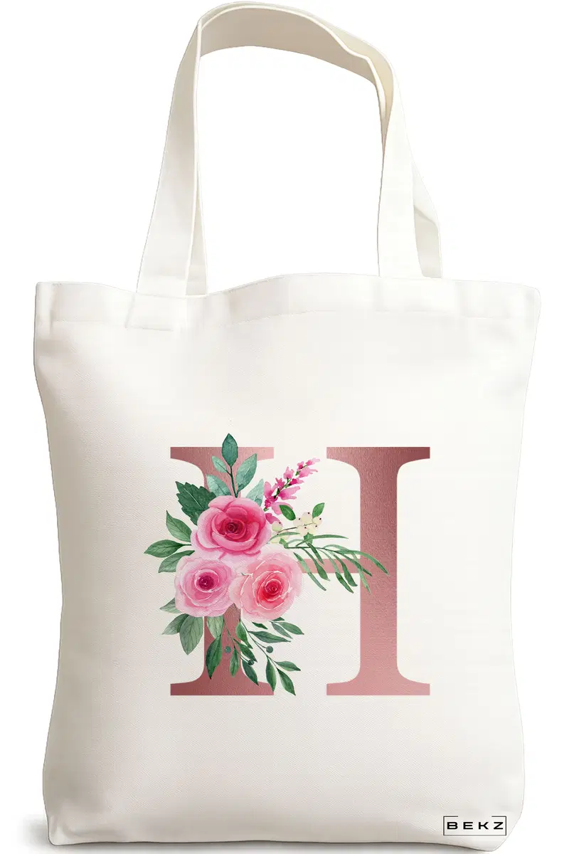 Sacosa Cumparaturi Textila, Geanta Tote, Cu litera H Rose Gold si Trandafiri, 38x34.5 cm, Alba, BEKZ®