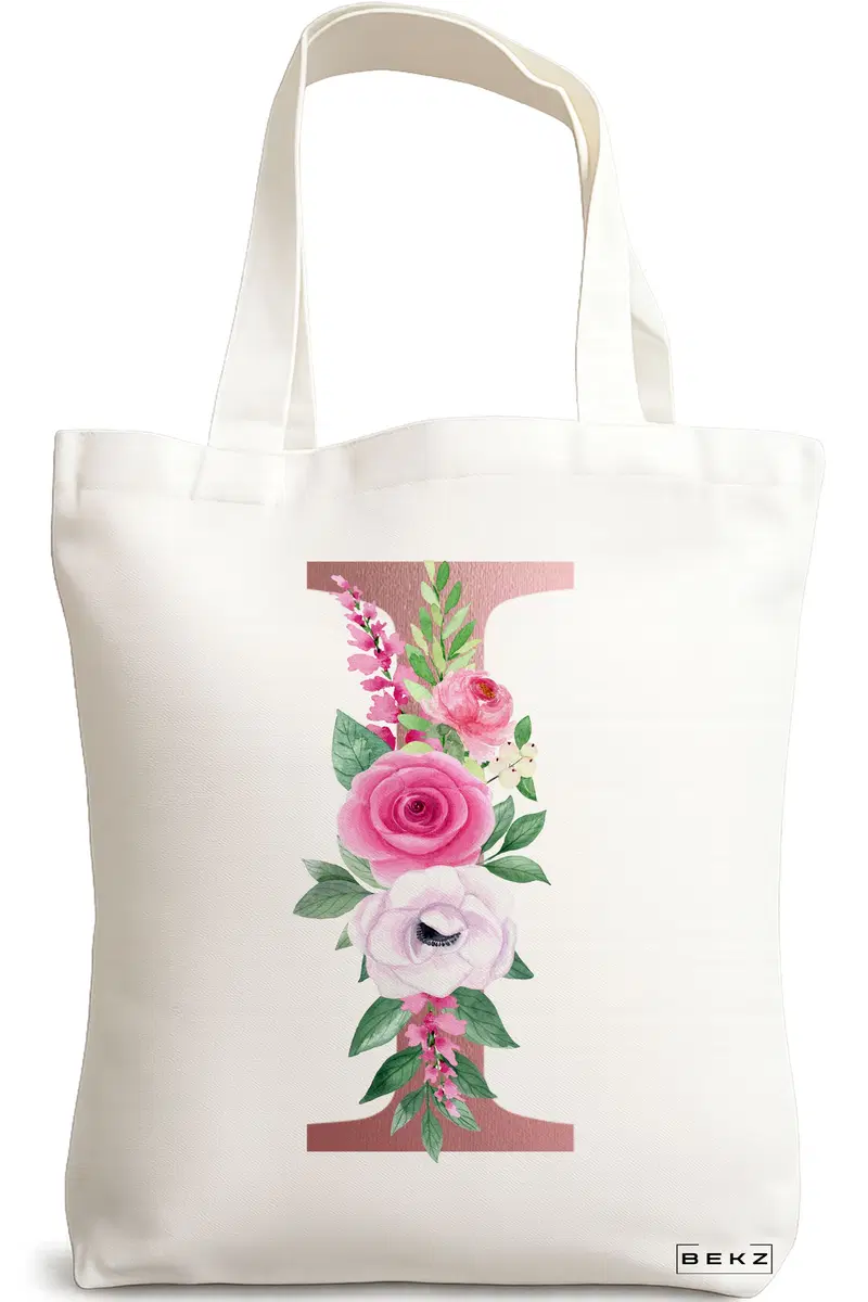 Sacosa Cumparaturi Textila, Geanta Tote, Cu litera I Rose Gold si Trandafiri, 38x34.5 cm, Alba, BEKZ®