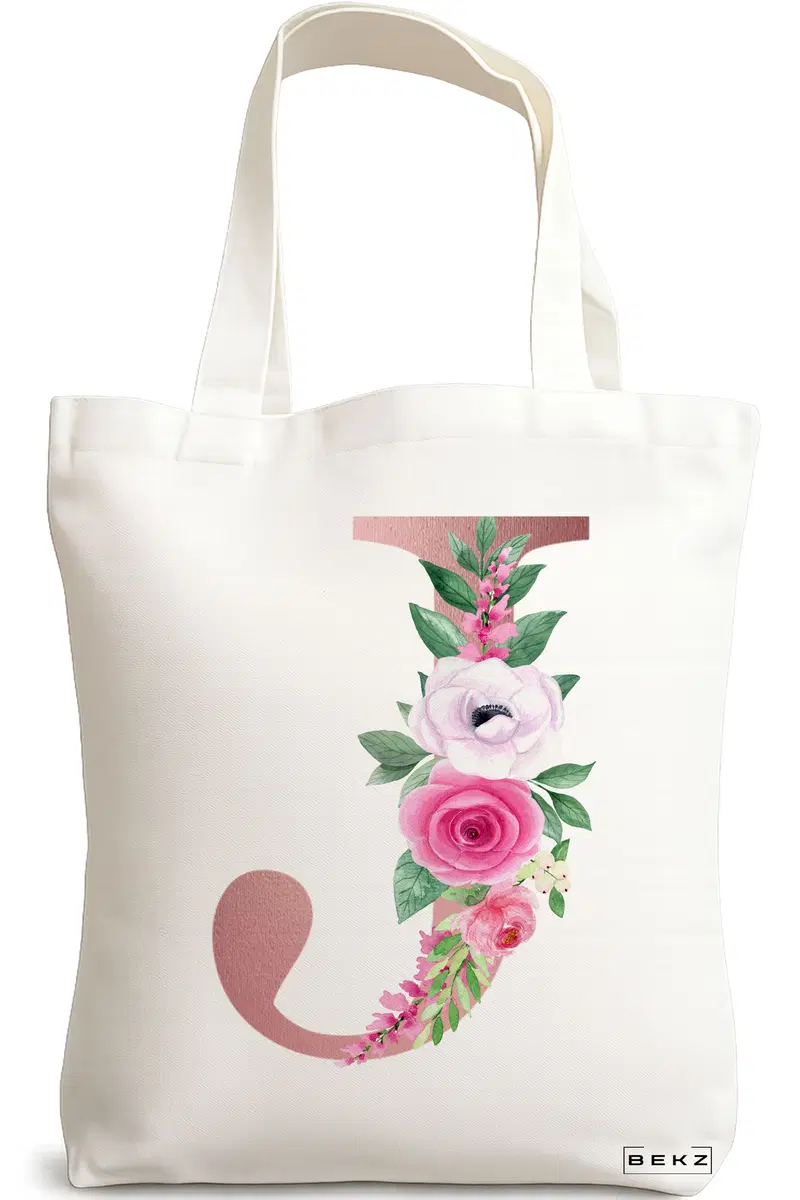 Sacosa Cumparaturi Textila, Geanta Tote, Cu litera J Rose Gold si Trandafiri, 38x34.5 cm, Alba, BEKZ®