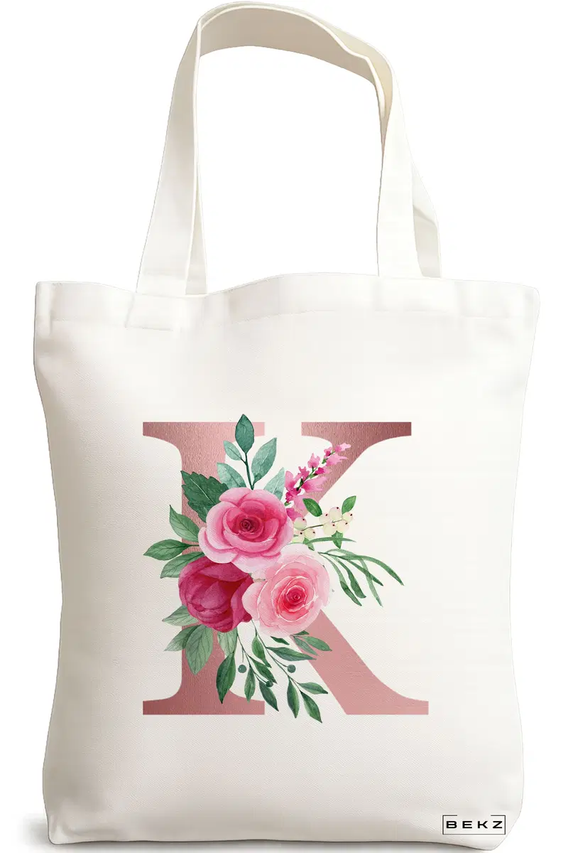 Sacosa Cumparaturi Textila, Geanta Tote, Cu litera K Rose Gold si Trandafiri, 38x34.5 cm, Alba, BEKZ®