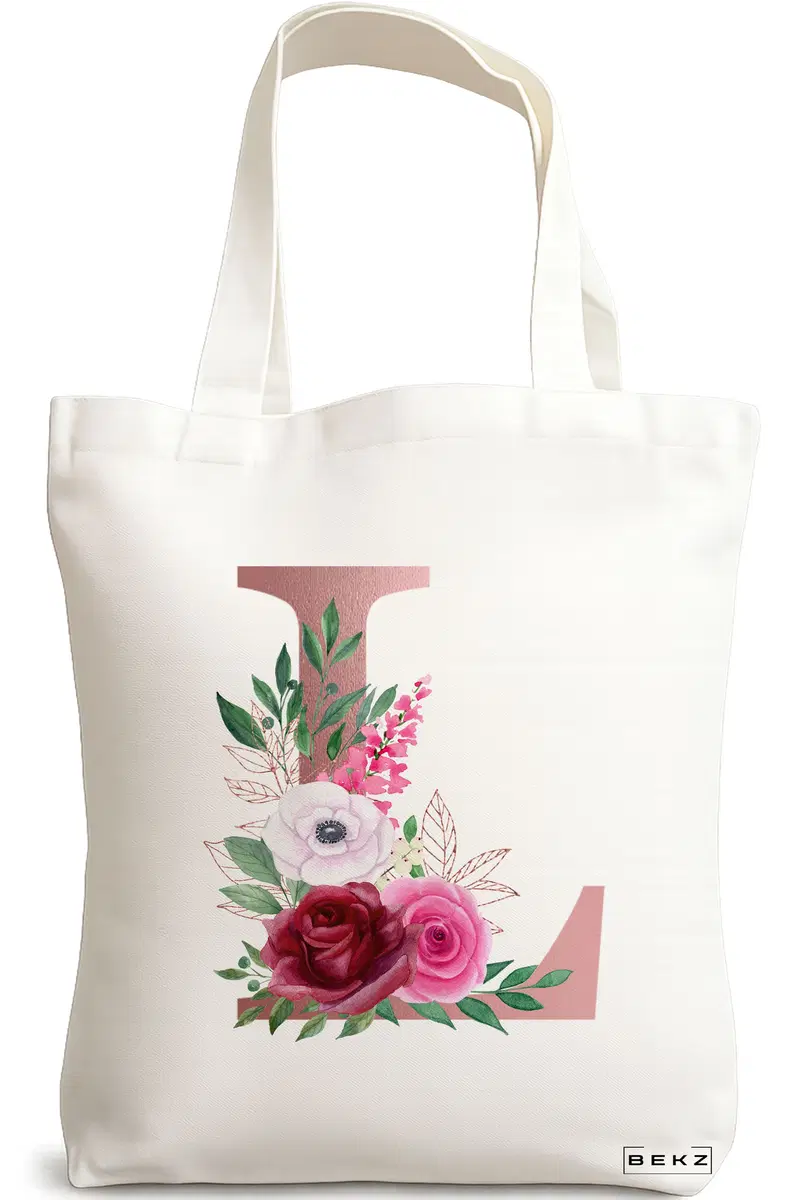 Sacosa Cumparaturi Textila, Geanta Tote, Cu litera L Rose Gold si Trandafiri, 38x34.5 cm, Alba, BEKZ®
