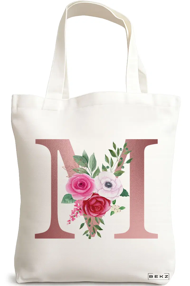 Sacosa Cumparaturi Textila, Geanta Tote, Cu litera M Rose Gold si Trandafiri, 38x34.5 cm, Alba, BEKZ®