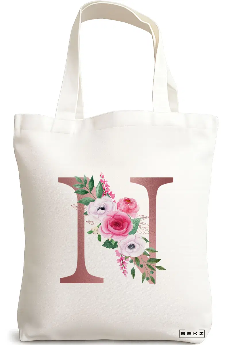 Sacosa Cumparaturi Textila, Geanta Tote, Cu litera N Rose Gold si Trandafiri, 38x34.5 cm, Alba, BEKZ®