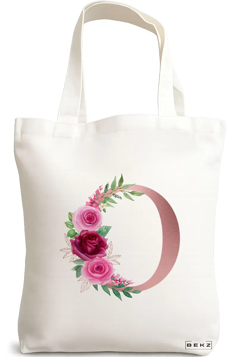 Sacosa Cumparaturi Textila, Geanta Tote, Cu litera O Rose Gold si Trandafiri, 38x34.5 cm, Alba, BEKZ®