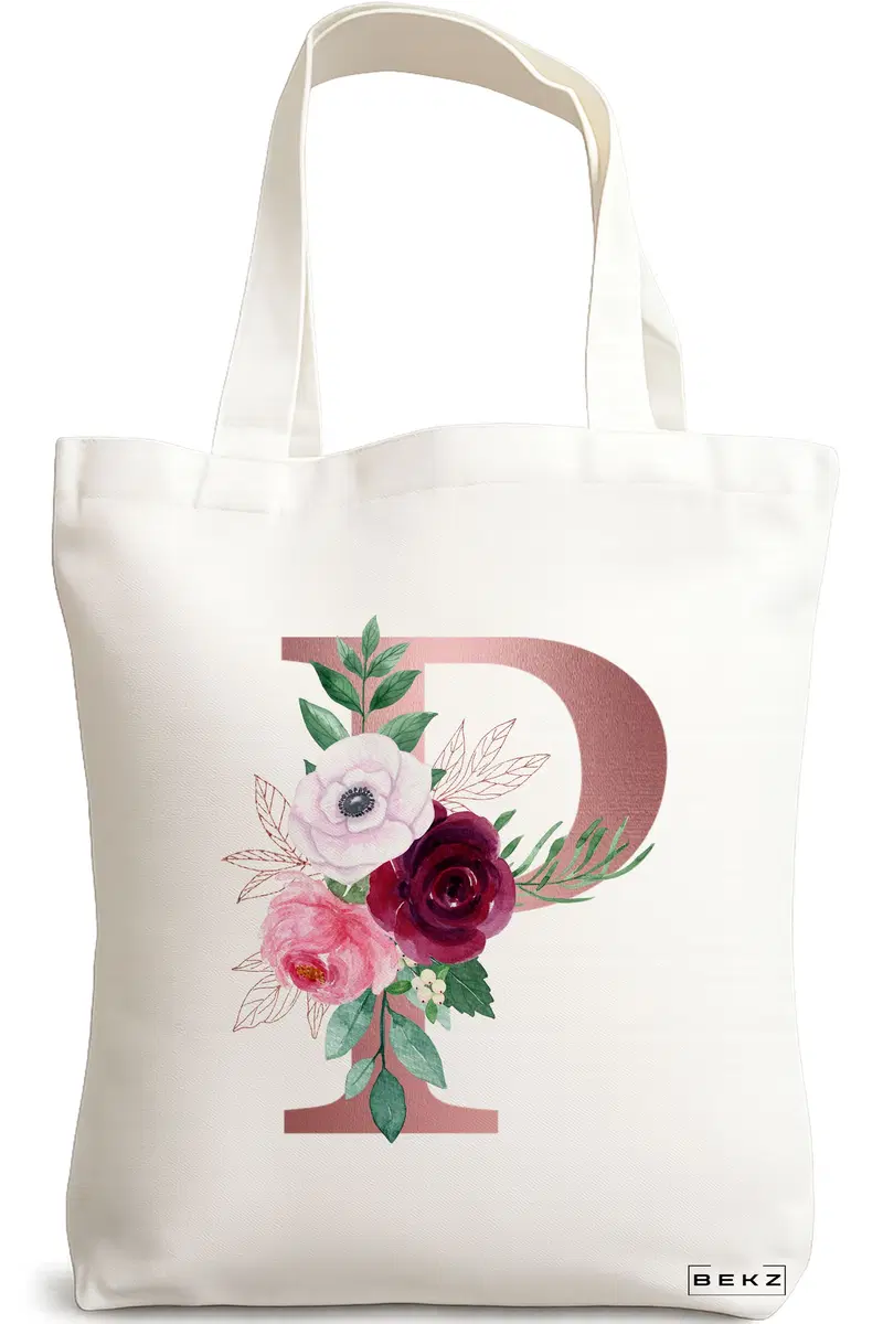 Sacosa Cumparaturi Textila, Geanta Tote, Cu litera P Rose Gold si Trandafiri, 38x34.5 cm, Alba, BEKZ®