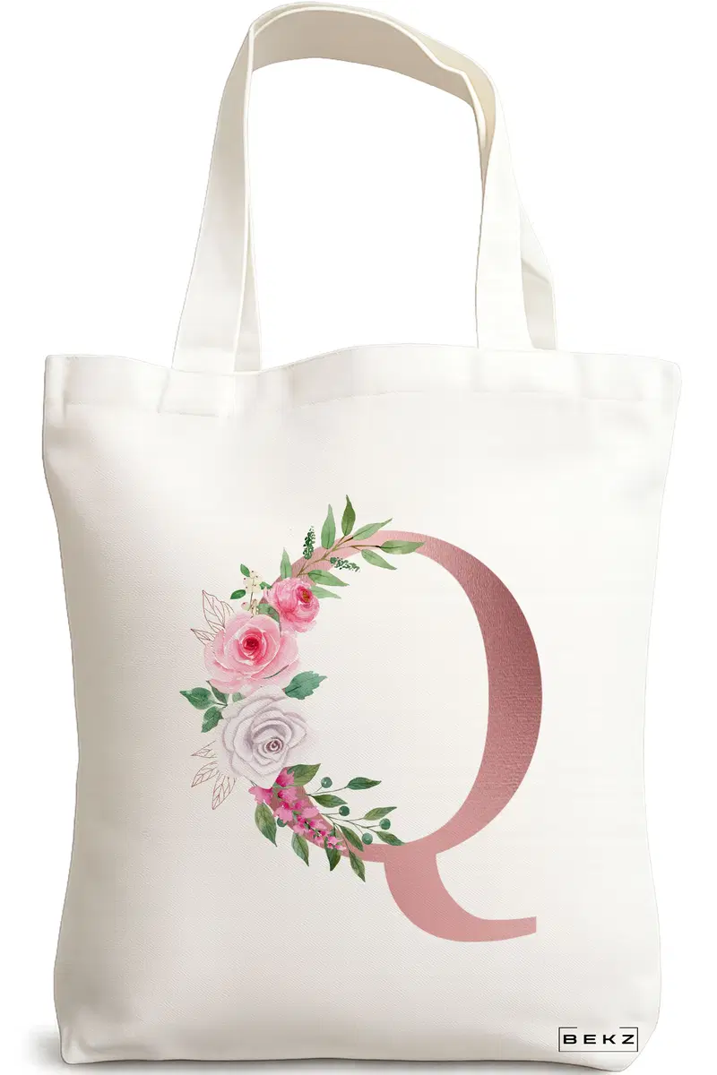 Sacosa Cumparaturi Textila, Geanta Tote, Cu litera Q Rose Gold si Trandafiri, 38x34.5 cm, Alba, BEKZ®