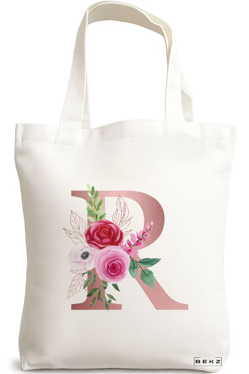 Sacosa Cumparaturi Textila, Geanta Tote, Cu litera R Rose Gold si Trandafiri, 38x34.5 cm, Alba, BEKZ®