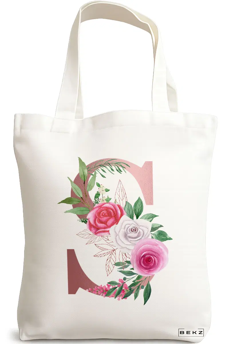 Sacosa Cumparaturi Textila, Geanta Tote, Cu litera S Rose Gold si Trandafiri, 38x34.5 cm, Alba, BEKZ®