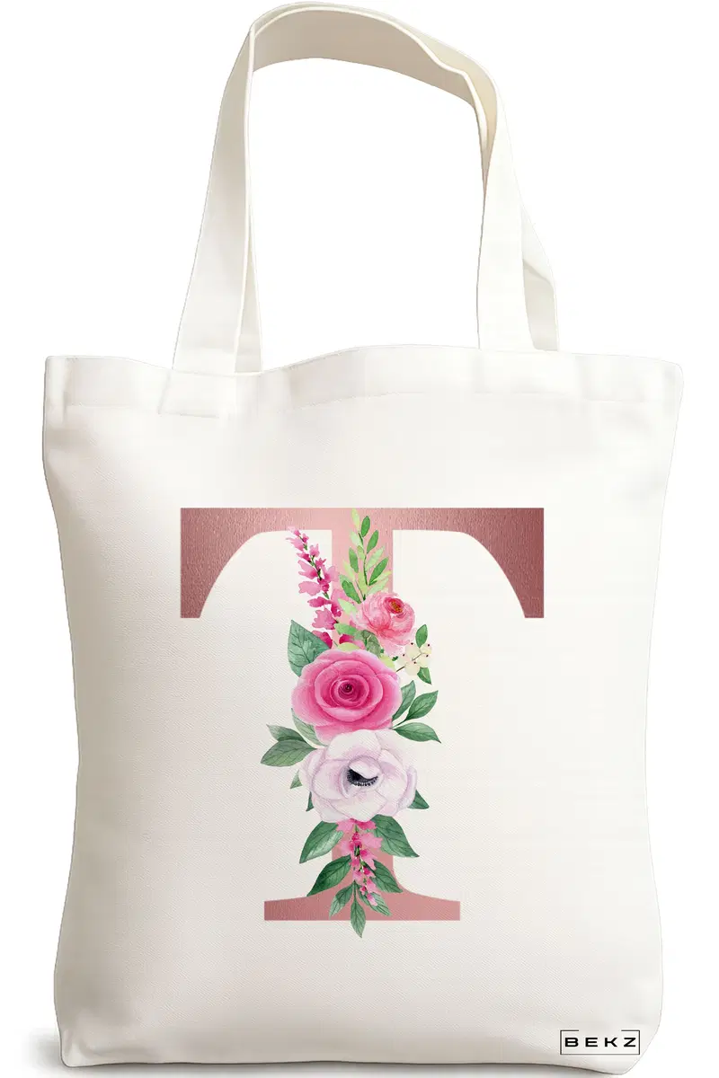 Sacosa Cumparaturi Textila, Geanta Tote, Cu litera T Rose Gold si Trandafiri, 38x34.5 cm, Alba, BEKZ®