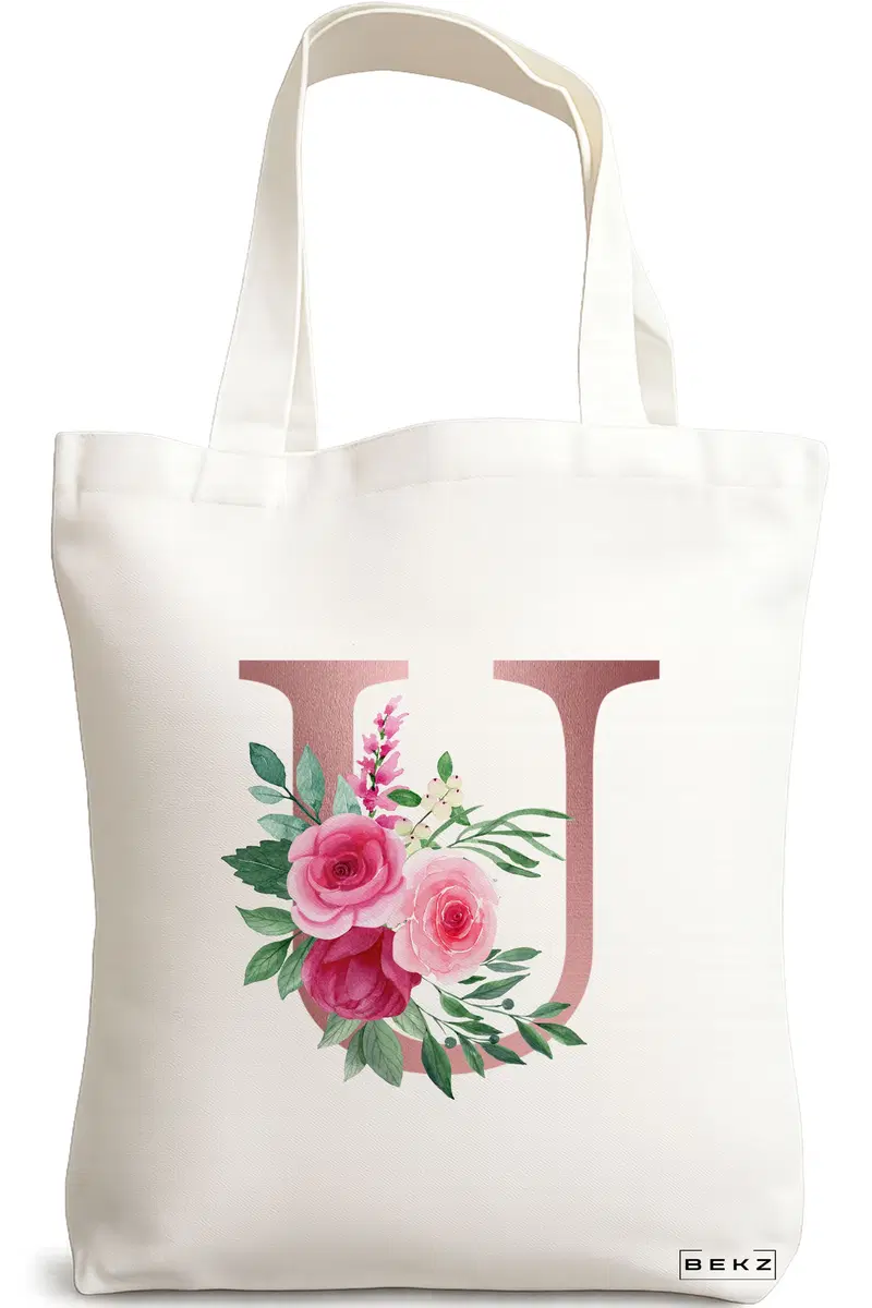 Sacosa Cumparaturi Textila, Geanta Tote, Cu litera U Rose Gold si Trandafiri, 38x34.5 cm, Alba, BEKZ®