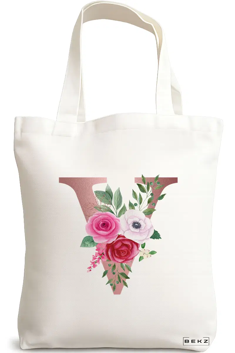 Sacosa Cumparaturi Textila, Geanta Tote, Cu litera V Rose Gold si Trandafiri, 38x34.5 cm, Alba, BEKZ®