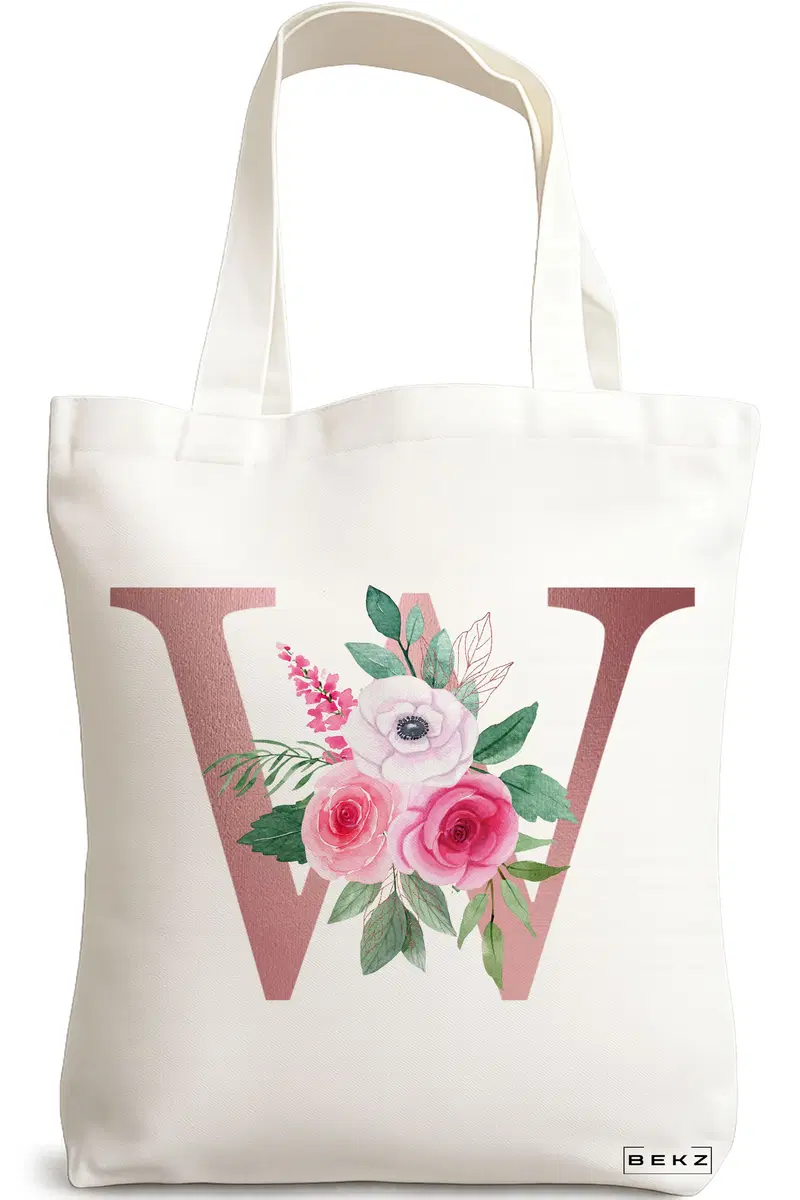 Sacosa Cumparaturi Textila, Geanta Tote, Cu litera W Rose Gold si Trandafiri, 38x34.5 cm, Alba, BEKZ®