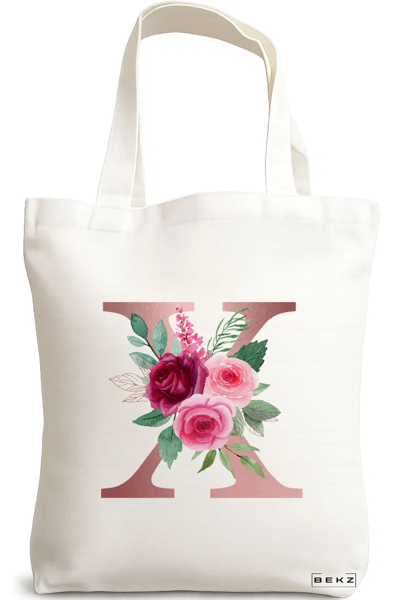 Sacosa Cumparaturi Textila, Geanta Tote, Cu litera X Rose Gold si Trandafiri, 38x34.5 cm, Alba, BEKZ®