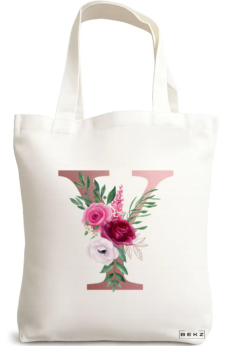 Sacosa Cumparaturi Textila, Geanta Tote, Cu litera Y Rose Gold si Trandafiri, 38x34.5 cm, Alba, BEKZ®