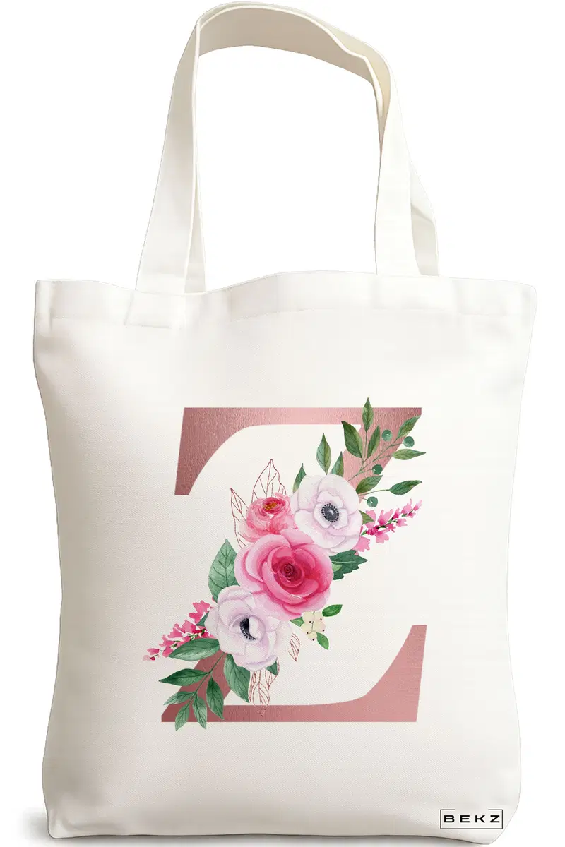 Sacosa Cumparaturi Textila, Geanta Tote, Cu litera Z Rose Gold si Trandafiri, 38x34.5 cm, Alba, BEKZ®